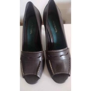 Aerosoles Leather High Heel Penny Loafers‎ with Peep Toes, Brown, Sz  7.5 NWOB